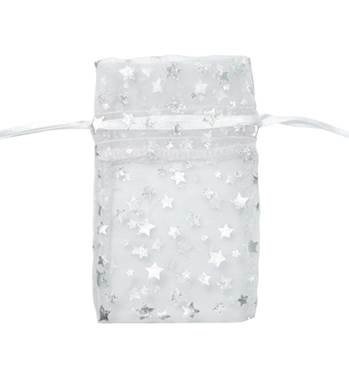 whit with silver stars organza drawstring bag 27241-bx